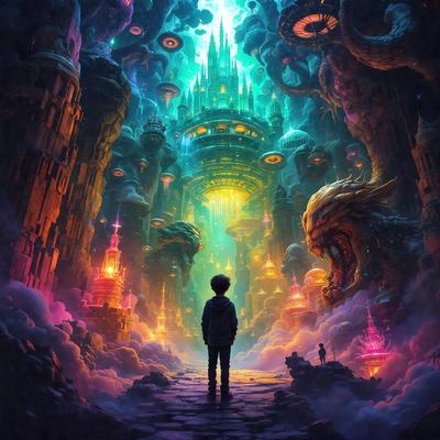 The primary subject of the image is a young boy standing in a colorful, fantastical world. The setting is a magical, otherworldly environment with a castle and a variety of strange and whimsical creatures. The visual style is a digital art or illustration, with vibrant colors and a surreal atmosphere. The mood of the image is one of wonder and imagination, as the boy explores this enchanting realm.